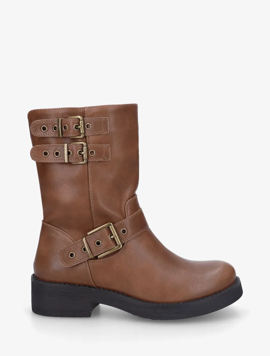 Bottines en simili à triple sangles - Camel
