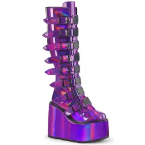 Chaussure gothique compensée violette hologramme femme à sangles et plaques métalliques